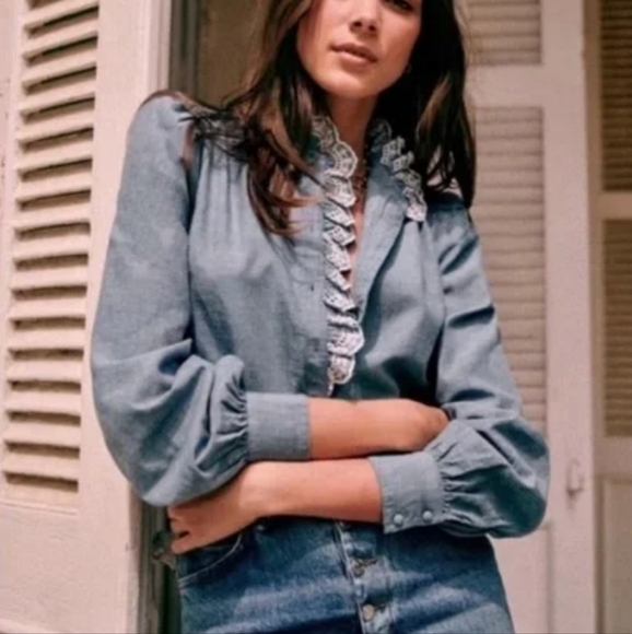 Sezane Tops - Sezane Blue Blouse with White Lace Trim